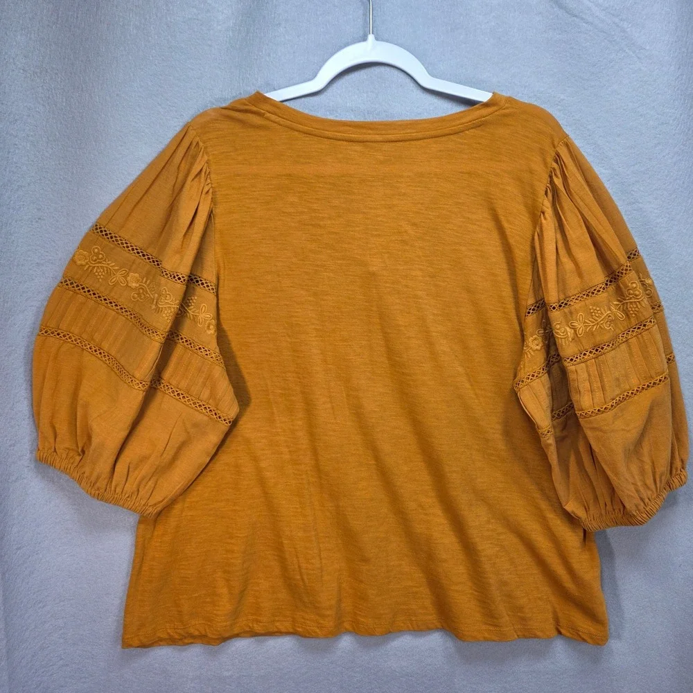 Loft Puff Sleeve Top Womens XL Boho Crochet Lace Embroidered Vneck Gold Mustard